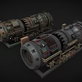 Two Cylindrical Industrial Equipment Units With Metal Piping And Mechanical Parts