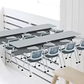 Modern Office Table And Chair Set With White Desks Blue Rolling Chairs And Foldable Legs
