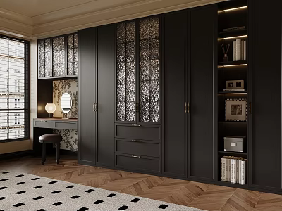 Elegant Walk In Closet With Dark Cabinets Intricate Carvings And Dressing Table 3d model