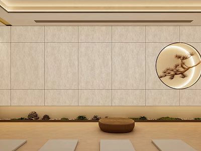 Indoor Yoga Meditation Space With Mats And Circular Decorative Wall Art 3d model
