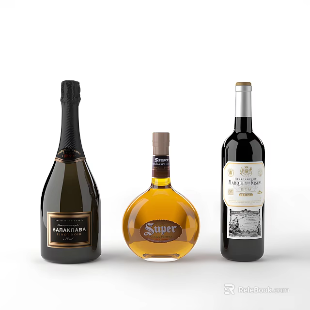 Assorted Wine and Liquor Bottles Featuring Champagne Red Wine and Brandy Varieties 3d model 