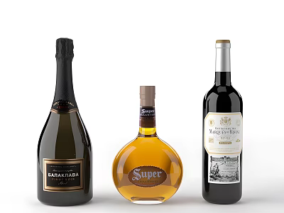 Assorted Wine and Liquor Bottles Featuring Champagne Red Wine and Brandy Varieties 3d model