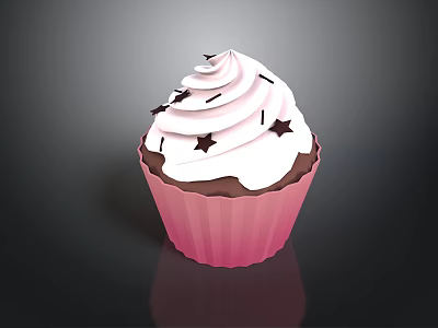 Sweet Cupcake With Pink Paper Liner Swirl White Frosting And Black Star Sprinkles 3d model