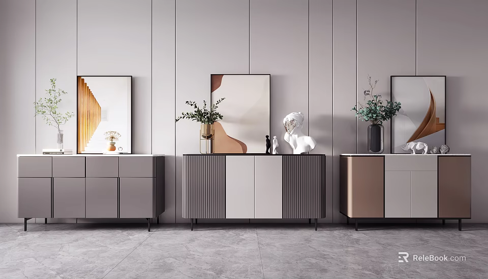 Three Modern Entryway Console Cabinets With Decorative Vases Plants And Mirror 3d model