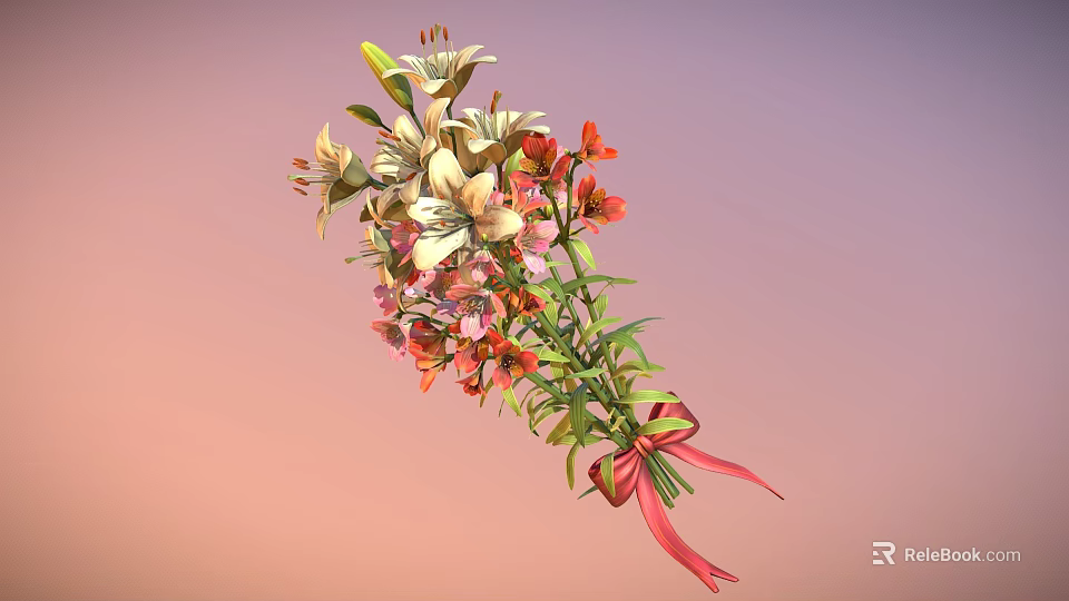 Bouquet of White Orange Pink Flowers With Green Leaves Tied With Red Pink Ribbon 3d model 