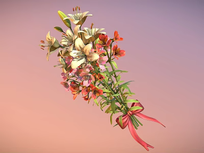 Bouquet of White Orange Pink Flowers With Green Leaves Tied With Red Pink Ribbon 3d model