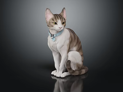Cute Striped And White Cat With Blue Collar In Sitting Posture On Dark Background 3d model