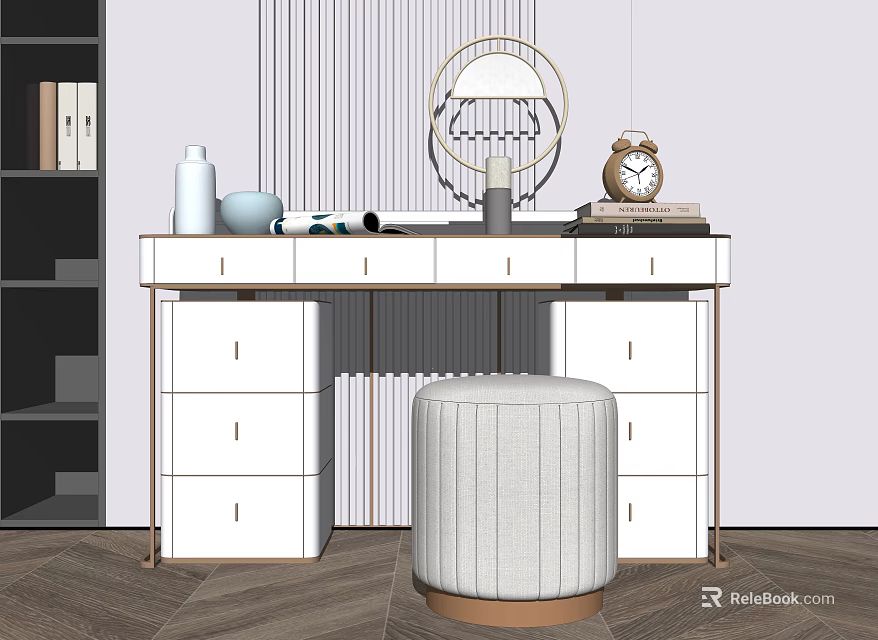 Modern White Dressing Table With Drawers Stool Mirror Alarm Clock And Books 3d model