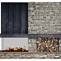 Modern Stone Wall Fireplace With Black Metal Mantel Burning Flames And Stacked Firewood