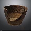 Hand Carved Basket Sculpture With Colorful Patterned Design And Textured Surface