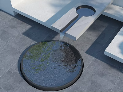 Courtyard Garden Design With Circular Pool Flowing Water And Gray Stone Floor 3d model