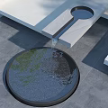 Courtyard Garden Design With Circular Pool Flowing Water And Gray Stone Floor