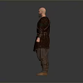 Man Wearing Medieval Robe With Belt And Brown Boots Standing Against Gray Background