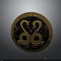 Ornate Round Weapon With Golden Border And Two Intertwined Greek Snakes