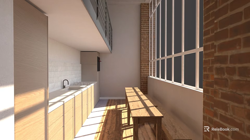 Modern Open Kitchen Interior Design With Wooden Cabinets And Countertops 3d model 