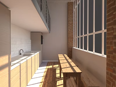 Modern Open Kitchen Interior Design With Wooden Cabinets And Countertops 3d model