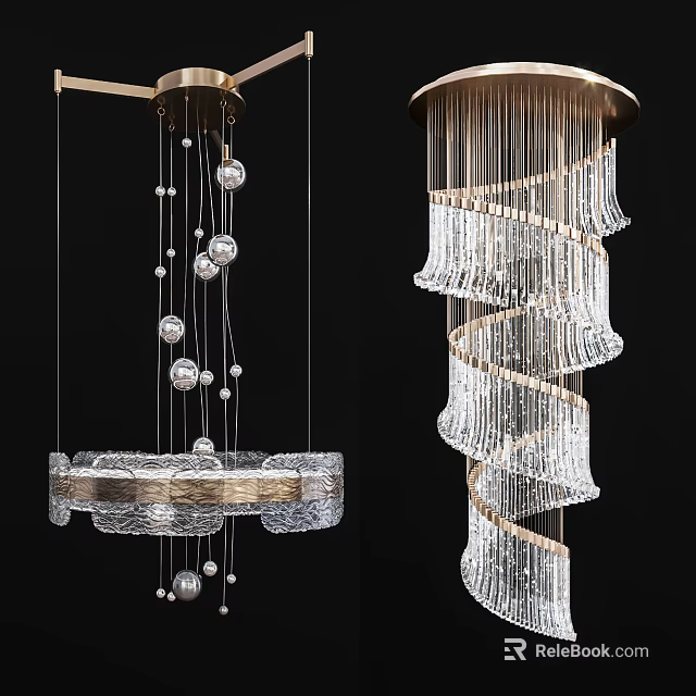 Elegant Modern Chandeliers With Spiral Crystal Strips And Round Glass Ornaments 3d model 