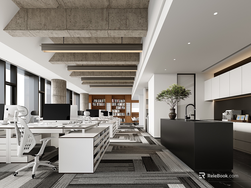 Modern Public Office Space Interior Design With Open Layout Desks Ergonomic Chairs And Green Plants 3d model 