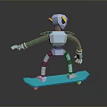 White Robot with Yellow Ears and Green Striped Limbs Riding Blue Skateboard