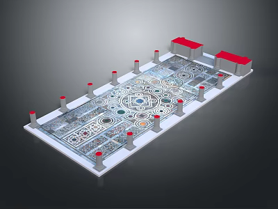Cartoon Style Platform Scene With Intricate Patterns Red Topped Pillars And Red Blocks 3d model