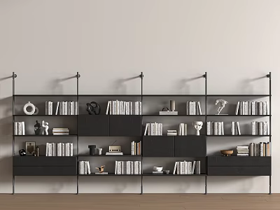 Modern Black Multi Tiered Shelving Unit with Books and Decorative Items 3d model