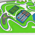 Multiple Fenced Basketball Courts With Green Lawn And Winding Pathways
