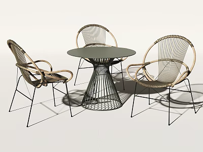 Modern Minimalist Table and Chair Set with Round Dark Tabletop Woven Seats and Metal Frame 3d model