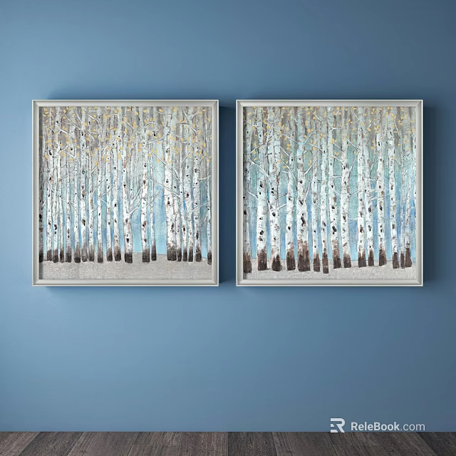 Plant Paintings With Birch Trees Blue Light Green Background And Golden Frames On Blue Wall 3d model 