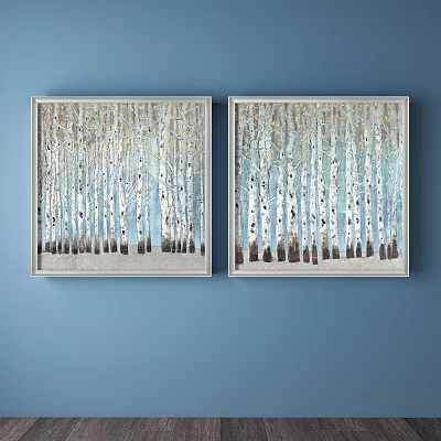 Plant Paintings With Birch Trees Blue Light Green Background And Golden Frames On Blue Wall 3d model