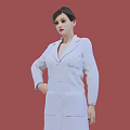 Woman in White Coat and Black Skirt Standing on White Platform with Red Background