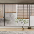 Modern Interior With Wooden Window Blinds Green Plant And Floor Rug