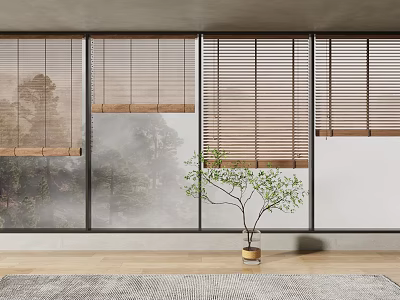 Modern Interior With Wooden Window Blinds Green Plant And Floor Rug 3d model