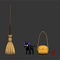 Essential Household Items Featuring Broom Black Cat Yellow Handbag And Red Key