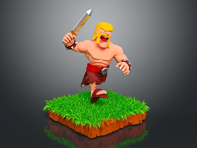 Shirtless Blonde Haired Man Running On Green Grass With Sword In Hand 3d model