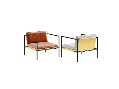 Stylish Leisure Chairs With Orange Gray Yellow Cushions And Black Metal Frames 3d model