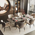 Modern Chinese Style Dining Table Set With Six Beige Chairs And Gray Tabletop 3d model