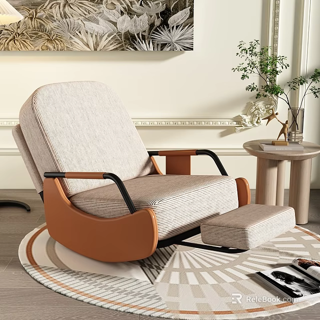 Cozy Lazy Sofa With Beige Cushion Brown Frame Ottoman And Side Table In Modern Living Room 3d model 