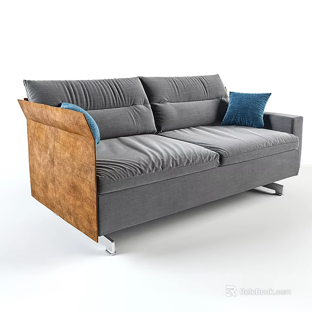 Gray Double Sofa With Pleated Cushions Wooden Armrests Metal Legs And Blue Pillows 3d model 