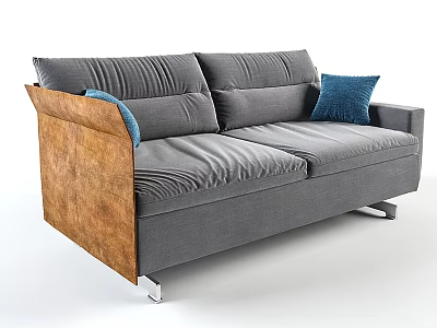 Gray Double Sofa With Pleated Cushions Wooden Armrests Metal Legs And Blue Pillows 3d model
