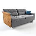 Gray Double Sofa With Pleated Cushions Wooden Armrests Metal Legs And Blue Pillows