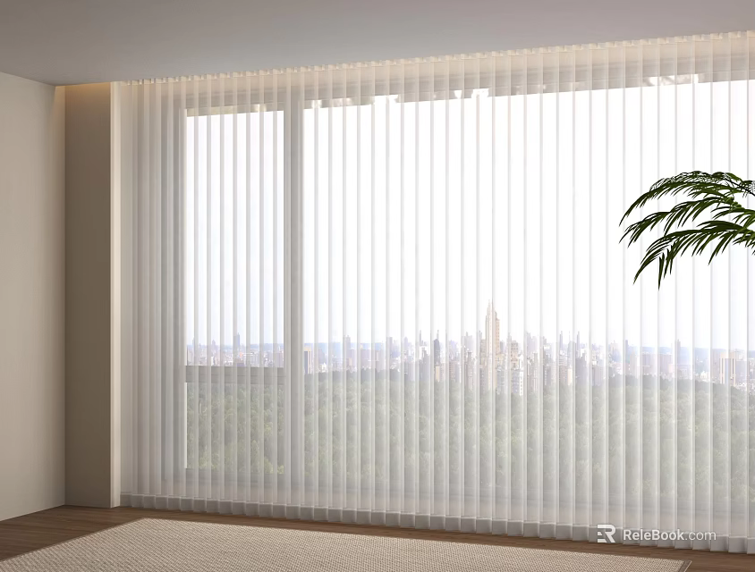 White Sheer Vertical Curtains For Modern Interior With City View And Indoor Plant 3d model 