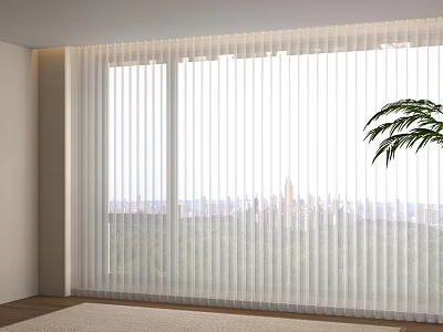 White Sheer Vertical Curtains For Modern Interior With City View And Indoor Plant 3d model