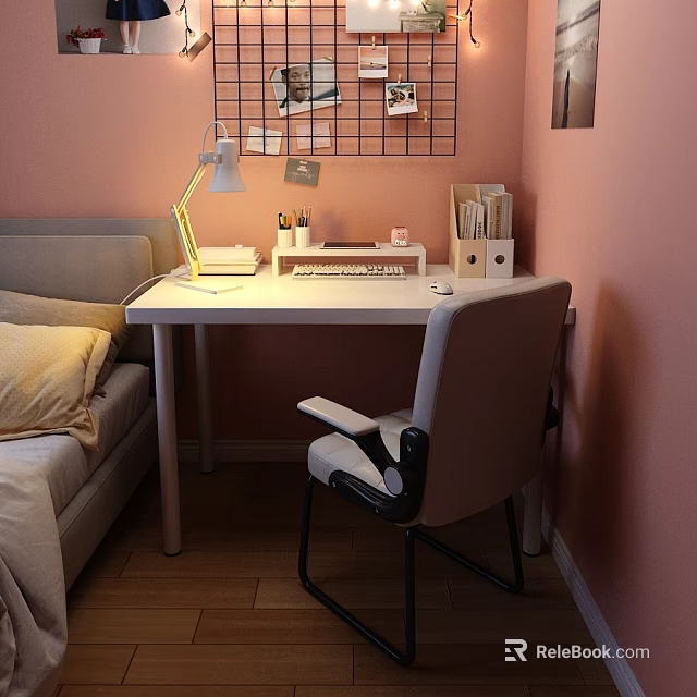 Cozy Study Desk Setup With Desk Lamp Grid Wall Stationery And Ergonomic Chair 3d model 
