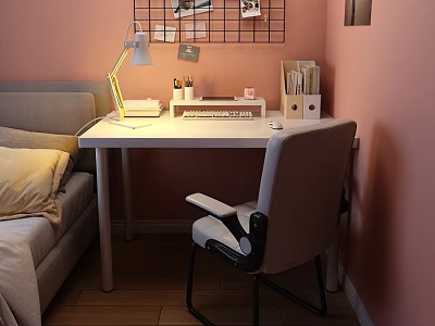 Cozy Study Desk Setup With Desk Lamp Grid Wall Stationery And Ergonomic Chair 3d model