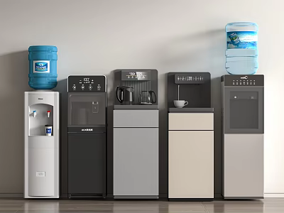 Modern Floor Standing Water Dispensers With Various Colors And Water Bottles 3d model