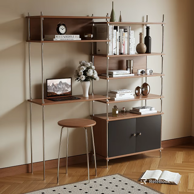 Modern Multi tiered Bookshelf With Laptop Vase Books Decorative Items Cabinet With Doors And Stool 3d model 