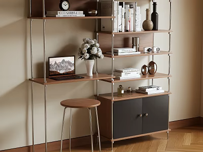 Modern Multi tiered Bookshelf With Laptop Vase Books Decorative Items Cabinet With Doors And Stool 3d model