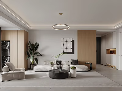 Modern Living and Dining Area Interior Design With Sofa Coffee Table Plant And Wooden Elements 3d model