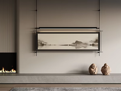 Minimalist Interior With Hanging Landscape Painting Fireplace Fire And Ceramic Statues 3d model