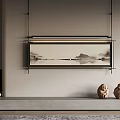 Minimalist Interior With Hanging Landscape Painting Fireplace Fire And Ceramic Statues